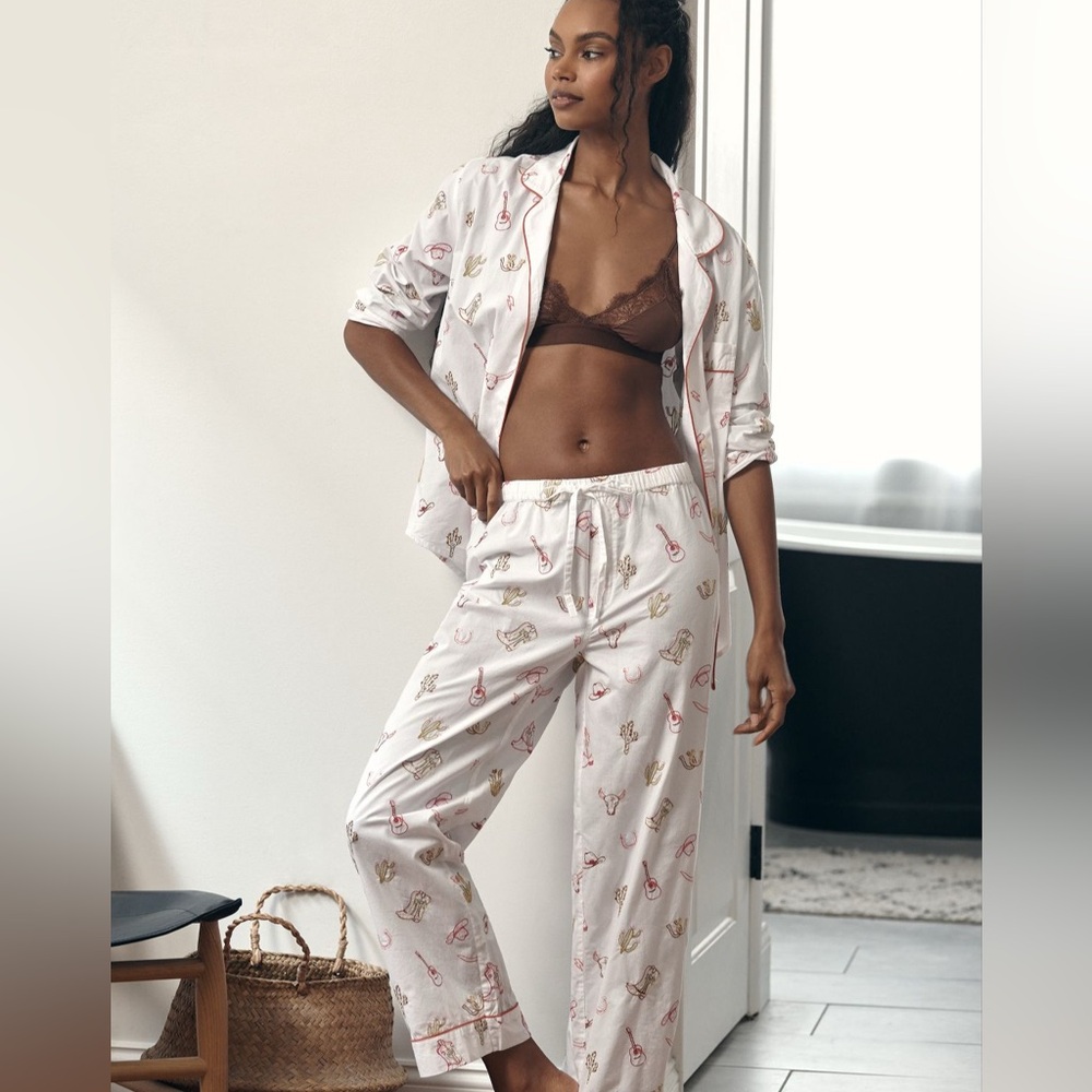 White Anthropologie Printfresh Pajama Set Western Style Cotton XL